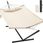Homgava Two Person Hammock with Stand for Outside Heavy Duty, Outdoor Patio Hammock with Portable Steel Stand, Large Double Hammocks,480lbs Capacity.(Off White)
