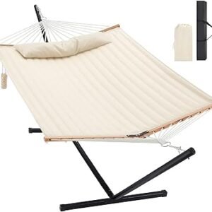 Homgava Two Person Hammock with Stand for Outside Heavy Duty, Outdoor Patio Hammock with Portable Steel Stand, Large Double Hammocks,480lbs Capacity.(Off White)