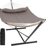 SUNCREAT Hammocks Portable Hammock with Frame, Backyard Double Hammock with Curved Spreader Bar, Brown