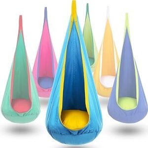 Y-STOP Kids Pod Swing Seat, Hanging Hammock Chair with Inflatable Pillow, Sensory Swing Chair with Pocket for Indoor and Outdoor (Blue Yellow)