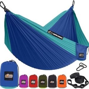 GORILLA GRIP Durable Camping Hammock with Heavy Duty Tree Straps, Portable Hammocks for Outside, Easy to Use Travel Swing Chair, Outdoor Camper Hiker Essentials, Backpacking Gear Gifts, Single, Blue