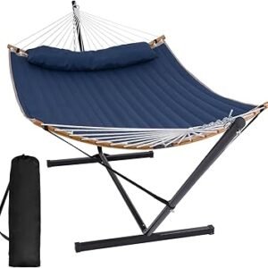 SUNCREAT Portable Outdoor Hammock with Stand, Heavy Duty Hammock with Carrying Bag, Soft Pillow, Balance Ropes, Dark Blue