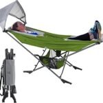 Portable Hammock with Stand, World's Best Mock ONE® Hammock, Compact Folding Framed Hammock with Adjustable Sunshade Canopy for Park, Backyard, Garden, Camping, Hiking, Mountaineering, Beaches- Green