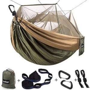 Sunyear Camping Hammock, Portable Single & Double Hammock with Net, 2 Person Hammock Tent with 2 * 10ft Straps, Best for Outdoor Hiking Survival Travel