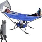 Portable Hammock with Stand, World's Best Mock ONE® Hammock, Compact Folding Framed Hammock with Adjustable Sunshade Canopy for Park, Backyard, Garden, Camping, Hiking, Mountaineering, Beaches- Blue