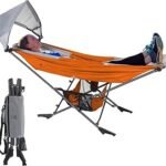 Portable Hammock with Stand, World's Best Mock ONE® Hammock, Compact Folding Framed Hammock with Adjustable Sunshade Canopy for Park, Backyard, Garden, Camping, Hiking, Mountaineering, Beaches- Orange