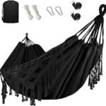 Bellzacasa Double Hammock, Heavy Duty 500 lb Load Capacity Tassels and Fishtail Knitting with Mounting Straps for Outdoor Camping Patio Balcony Black