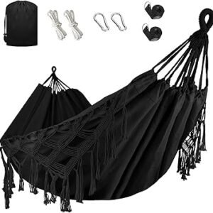 Bellzacasa Double Hammock, Heavy Duty 500 lb Load Capacity Tassels and Fishtail Knitting with Mounting Straps for Outdoor Camping Patio Balcony Black