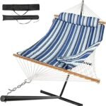 Everyfun 2 Person Outdoor Hammock with Stand, Cotton Rope Hammock with Polyester Pad, Adjustable Steel Frame, Portable with Carrying Bag – for Patio, Backyard, Garden, Beach, Blue Stripe