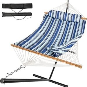 Everyfun 2 Person Outdoor Hammock with Stand, Cotton Rope Hammock with Polyester Pad, Adjustable Steel Frame, Portable with Carrying Bag – for Patio, Backyard, Garden, Beach, Blue Stripe