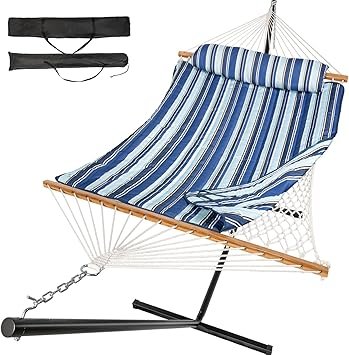 Everyfun 2 Person Outdoor Hammock with Stand, Cotton Rope Hammock with Polyester Pad, Adjustable Steel Frame, Portable with Carrying Bag – for Patio, Backyard, Garden, Beach, Blue Stripe