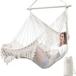 Handmade Hanging Chair Cotton Rope Woven Hanging Seat Soft-Spun Large Stretch Hammock Swing, Collapsible Strong Metal Spreader Bar Elegant Macrame Comfort Indoor Outdoor Garden