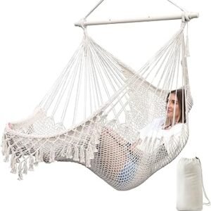 Handmade Hanging Chair Cotton Rope Woven Hanging Seat Soft-Spun Large Stretch Hammock Swing, Collapsible Strong Metal Spreader Bar Elegant Macrame Comfort Indoor Outdoor Garden