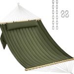 CHULIM Double Quilted Fabric Hammock with Hardwood Spreader Bars and Pillow 450 LBS Capacity 2 Person Large Hammock for Outdoor Patio Backyard Poolside - Green
