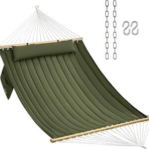 CHULIM Double Quilted Fabric Hammock with Hardwood Spreader Bars and Pillow 450 LBS Capacity 2 Person Large Hammock for Outdoor Patio Backyard Poolside - Green