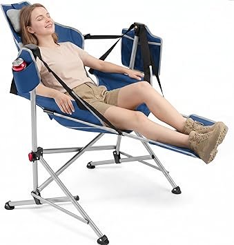 Hammock Camping Chair with Footrest, Oversized Swinging Folding Camp Chair for Adults, Adjustable Back & Seat, Heavy Duty Rocking Chair with Cup Holder & Pillow for Outdoor Patio Lawn RV, Blue