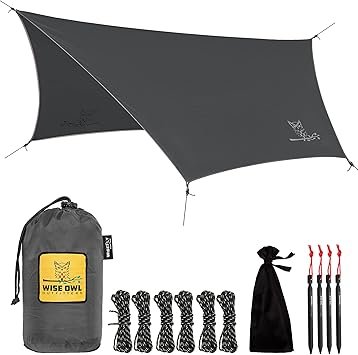 Wise Owl Outfitters Hammock Rain Fly – Waterproof Camping Tarp Cover with Tent Stakes & Carry Bag, Ultralight Shelter for Backpacking & Outdoor Shade