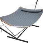 SUPERJARE Hammock with Stand, 2 Person Heavy Duty Hammock with Padded Cotton, Detachable Pillow & Strong Curved-Bar & Portable Carrying Bag, Perfect for Outdoor & Indoor, Neutral Gray