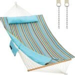 CHULIM Outdoor Double Hammock with Hardwood Spreader Bars, Large Rope Hammock with Polyester Pad and Pillow, 475 LBS Capacity for 2 Person Patio Backyard Poolside - Bule Stripe