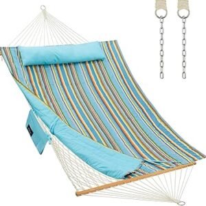 CHULIM Outdoor Double Hammock with Hardwood Spreader Bars, Large Rope Hammock with Polyester Pad and Pillow, 475 LBS Capacity for 2 Person Patio Backyard Poolside - Bule Stripe