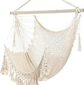Hammock Chair，Max 330lbs, Large Hanging Chair, Soft Cotton Rope Swing Chair with High Load-Bearing Metal Rod,Indoor Outdoor Garden Yard Living Room Use Beige
