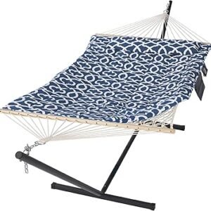 SUNCREAT Double Portable Hammock with Stand Included, 475 lbs Capactiy, Extra Large Two Person Hammock, Blue Pattern