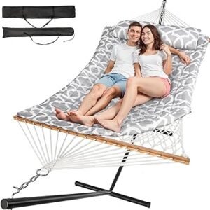 Everyfun 2 Person Outdoor Hammock with Stand, Cotton Rope Hammock with Polyester Pad, Adjustable Steel Frame, Portable with Carrying Bag – for Patio, Backyard, Garden, Beach, White-Gray