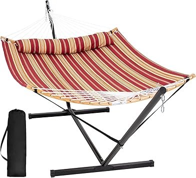 SUNCREAT Hammocks Portable Hammock with 12 ft Stand Included, Double Hammock with Curved Spreader Bar, Red Stripes