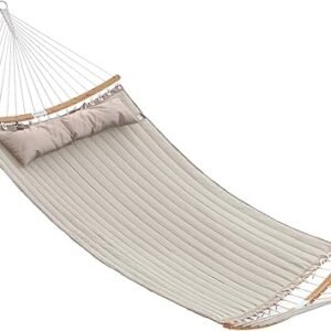 SONGMICS Hammock, Quilted Hammock with Curved Bamboo Spreaders, Pillow, 78.7 x 55.1 Inches, Portable Padded Hammock Holds up to 495 lb, Cream and Beige UGDC34BE