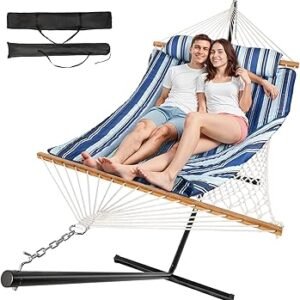 Everyfun 2 Person Outdoor Hammock with Stand, Cotton Rope Hammock with Polyester Pad, Adjustable Steel Frame, Portable with Carrying Bag – for Patio, Backyard, Garden, Beach, Blue