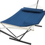 SUPERJARE 12ft Double Hammock with Stand, Rope Hammock for 2 Person, Detachable Hammock Bed and Pillow, Portable, Anti-Tip Safety Ropes, Carry Bag, Outdoor Backyard Patio Camping, Navy Blue