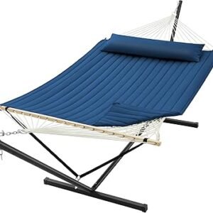 SUPERJARE 12ft Double Hammock with Stand, Rope Hammock for 2 Person, Detachable Hammock Bed and Pillow, Portable, Anti-Tip Safety Ropes, Carry Bag, Outdoor Backyard Patio Camping, Navy Blue