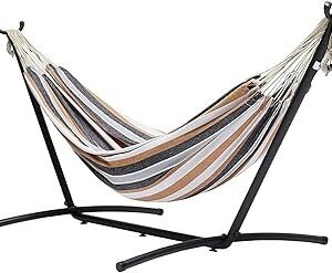 Amazon Basics Double Portable Hammock with Space Saving Steel Stand and Carrying Case, 2 Person, 470lb Capacity, Multi Color, 118" x 46" x 39"