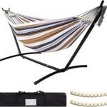 SZHLUX Double Hammock with Stand Included 450lb Capacity Steel Stand, Premium Carry Bag Included and Two Anti Roll Balance Beam, Portable Hammock with Stand for Backyard, Camping,Garden Brown Stripes