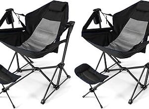 HAPPYGRILL 2 Pack Hammock Camping Chair with Footrest, Outdoor Folding Swinging Chair with Cozy Head Pillow, Cup Holder, Carrying Bag, Portable Lightweight Rocking Chair for Adult Lawn Fishing Picnic