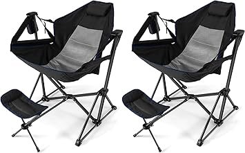 HAPPYGRILL 2 Pack Hammock Camping Chair with Footrest, Outdoor Folding Swinging Chair with Cozy Head Pillow, Cup Holder, Carrying Bag, Portable Lightweight Rocking Chair for Adult Lawn Fishing Picnic
