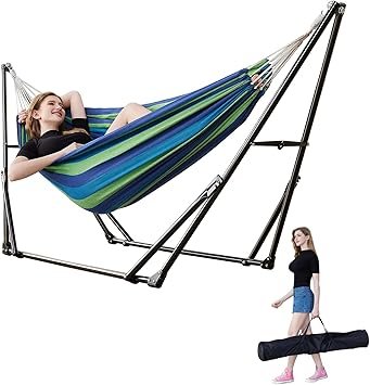 Portable Hammock with Stand for Outside Foldable,Frabic Tension Adjustable Indoor,Carrying Bag Included, 616 lbs Weight Capacity, Suitable Garden Yard Outdoor Inhouse Cyan