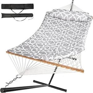 Everyfun 2 Person Outdoor Hammock with Stand, Cotton Rope Hammock with Polyester Pad, Adjustable Steel Frame, Portable with Carrying Bag – for Patio, Backyard, Garden, Beach, Cloud-Gray