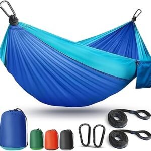 Camping Hammock Lightweight, Portable Hammocks Parachute Hammock with Two Tree Straps, Single or Double Travel Swing Nylon Camp Hammocks, Outdoor Essentials for Beach Backpacking Hiking, Blue