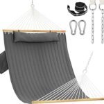 Lazy Daze Hammocks 2 Person Double Quilted Fabric Hammock with Spreader Bar, Detachable Pillow, Side Pocket, Carabiners, Chains, Straps for Outdoor, 450lbs Capacity, Grey