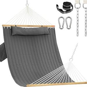 Lazy Daze Hammocks 2 Person Double Quilted Fabric Hammock with Spreader Bar, Detachable Pillow, Side Pocket, Carabiners, Chains, Straps for Outdoor, 450lbs Capacity, Grey