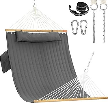 Lazy Daze Hammocks 2 Person Double Quilted Fabric Hammock with Spreader Bar, Detachable Pillow, Side Pocket, Carabiners, Chains, Straps for Outdoor, 450lbs Capacity, Grey