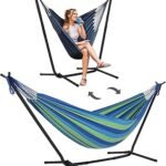 SUNCREAT 2-in-1 Hammocks Hammock Chair with Stand, 475 lbs Capacity, Heavy Duty Two Person Hammock with Stand, Patented, Blue Stripe