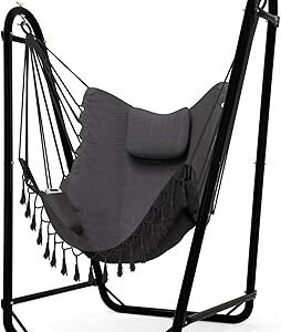 Unique U-Shaped Hammock Chair with Stand,Sturdy & Rust-Resistant,Free Gray Cotton Hammock Chair