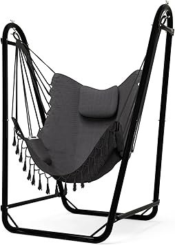 Unique U-Shaped Hammock Chair with Stand,Sturdy & Rust-Resistant,Free Gray Cotton Hammock Chair