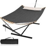 Double Hammock with Stand, Quick Dry Hammock with 12FT Stand for Outside, Poolside, 450 Lbs Capacity, Dark Grey