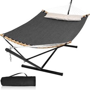 Double Hammock with Stand, Quick Dry Hammock with 12FT Stand for Outside, Poolside, 450 Lbs Capacity, Dark Grey