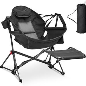 Ainfox Hammock Camping Chair with Footrest, Foldable Portable Rocking Chairs for Adults Outside Swinging Camp with Cup Holder Pillow for Outdoor Patio Poolside (Black)