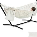 PNAEUT Handmade Tassel Hammocks, Double Hammock with Stand for Outside, Max 450 lbs Capacity, Pillow & Storage Bag Included (Beige)
