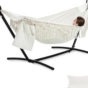 PNAEUT Handmade Tassel Hammocks, Double Hammock with Stand for Outside, Max 450 lbs Capacity, Pillow & Storage Bag Included (Beige)